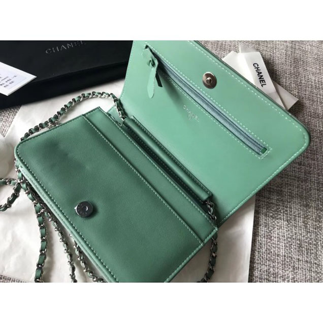 Chanel Patent Calfskin Glass Strass Wallet On Chain WOC Bag Green/White 2018