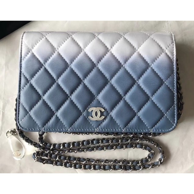 Chanel Patent Calfskin Glass Strass Wallet On Chain WOC Bag Blue/White 2018