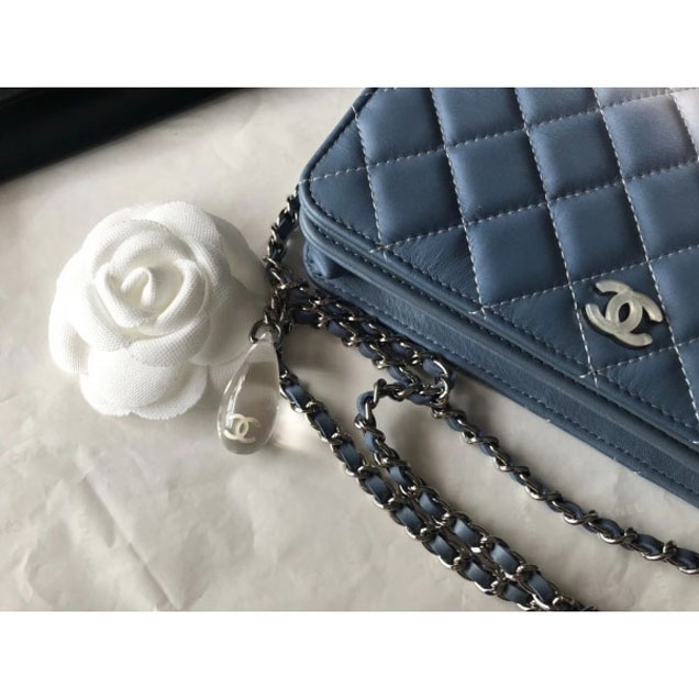 Chanel Patent Calfskin Glass Strass Wallet On Chain WOC Bag Blue/White 2018