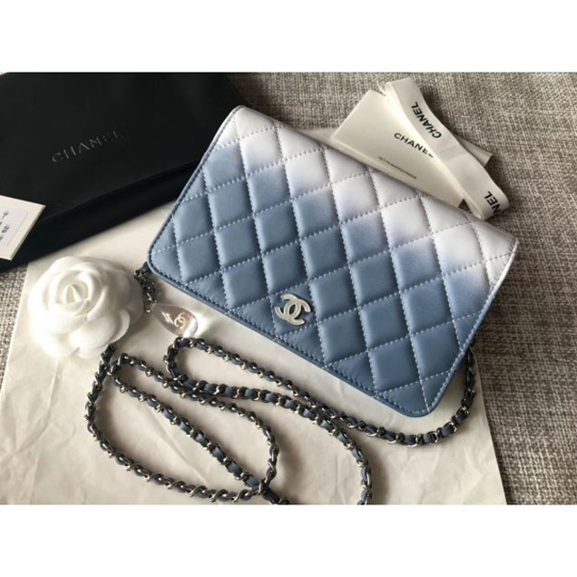 Chanel Patent Calfskin Glass Strass Wallet On Chain WOC Bag Blue/White 2018