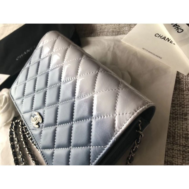 Chanel Patent Calfskin Glass Strass Wallet On Chain WOC Bag Blue/White 2018
