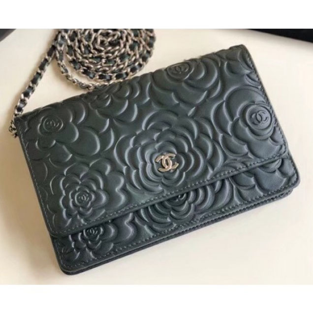 Chanel Lambskin Camellia Wallet On Chain WOC Bag Green