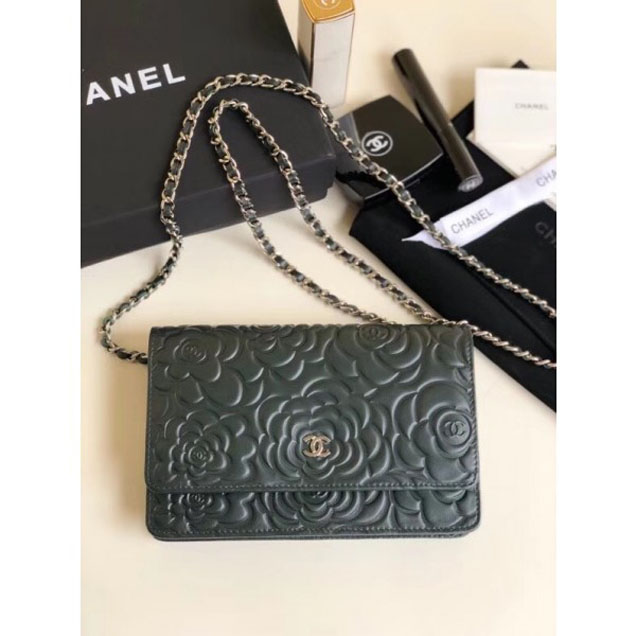 Chanel Lambskin Camellia Wallet On Chain WOC Bag Green