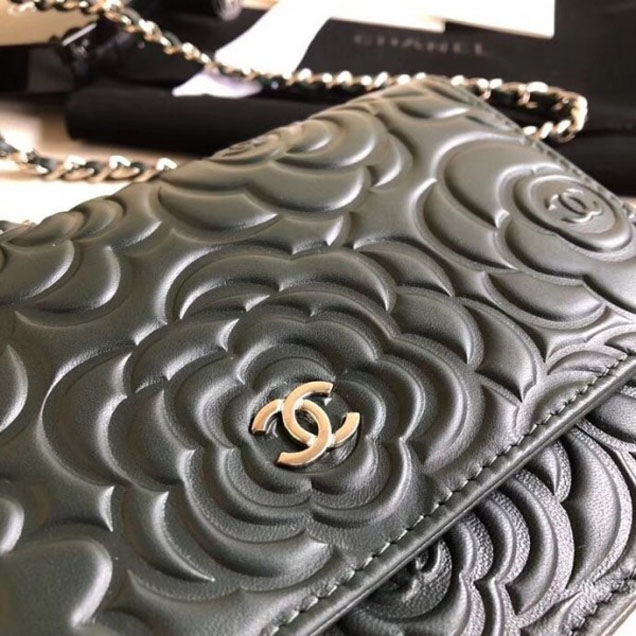 Chanel Lambskin Camellia Wallet On Chain WOC Bag Green