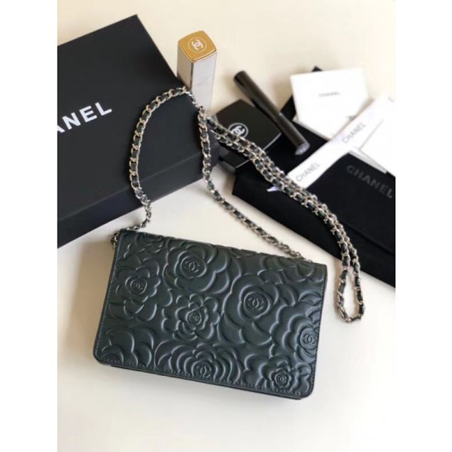 Chanel Lambskin Camellia Wallet On Chain WOC Bag Green