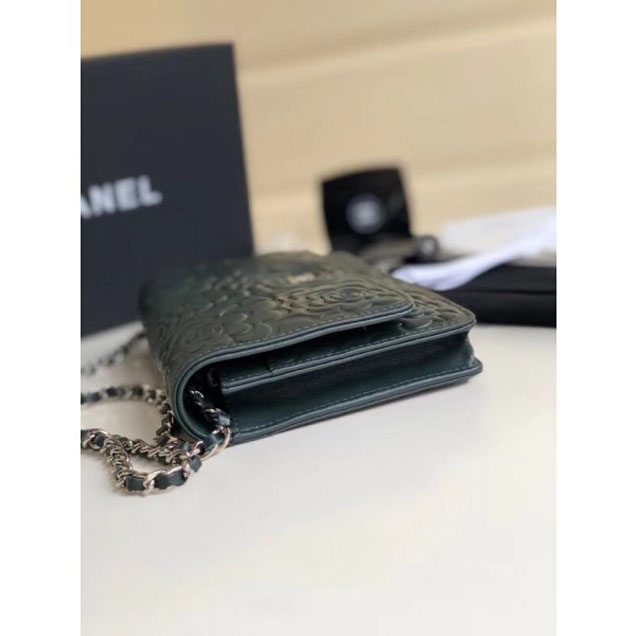 Chanel Lambskin Camellia Wallet On Chain WOC Bag Green