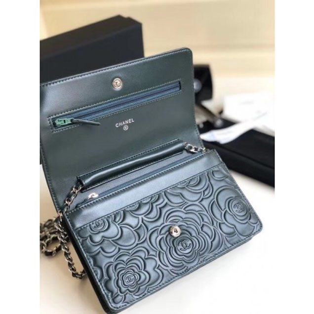 Chanel Lambskin Camellia Wallet On Chain WOC Bag Green