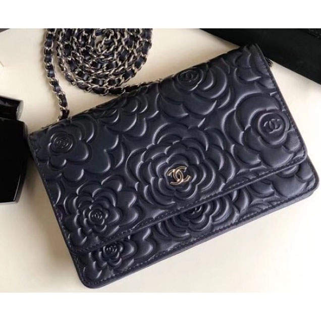 Chanel Lambskin Camellia Wallet On Chain WOC Bag Navy Blue