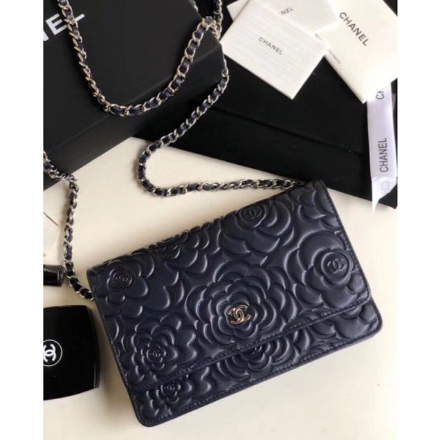 Chanel Lambskin Camellia Wallet On Chain WOC Bag Navy Blue