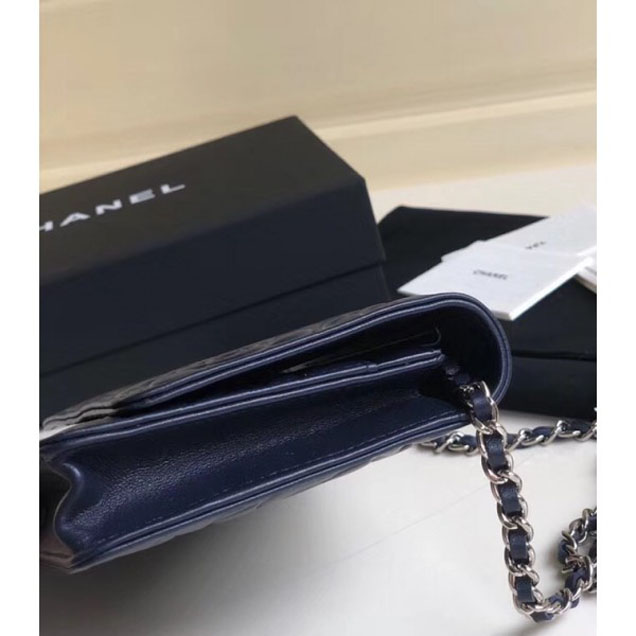 Chanel Lambskin Camellia Wallet On Chain WOC Bag Navy Blue