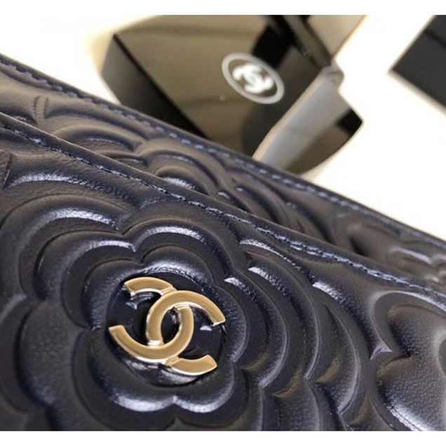 Chanel Lambskin Camellia Wallet On Chain WOC Bag Navy Blue