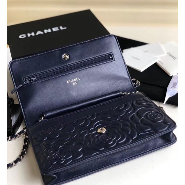 Chanel Lambskin Camellia Wallet On Chain WOC Bag Navy Blue