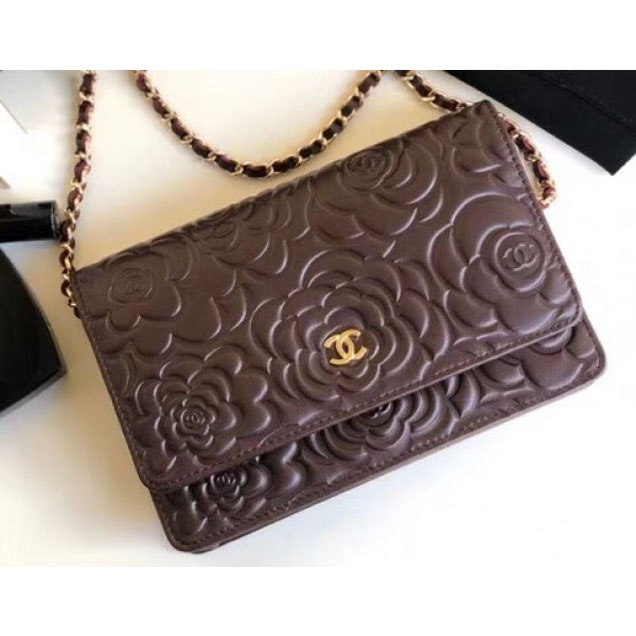 Chanel Lambskin Camellia Wallet On Chain WOC Bag Burgundy