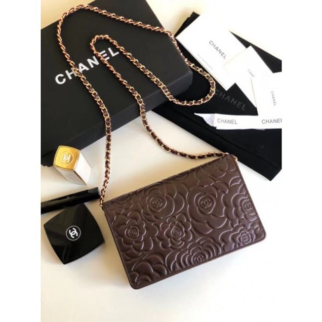 Chanel Lambskin Camellia Wallet On Chain WOC Bag Burgundy