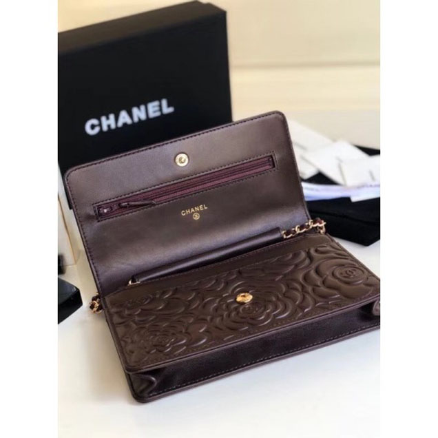 Chanel Lambskin Camellia Wallet On Chain WOC Bag Burgundy