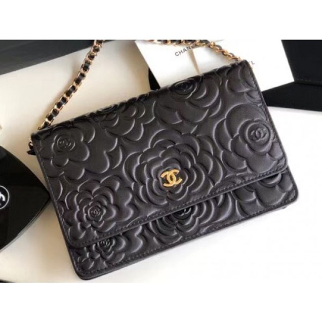 Chanel Lambskin Camellia Wallet On Chain WOC Bag Black