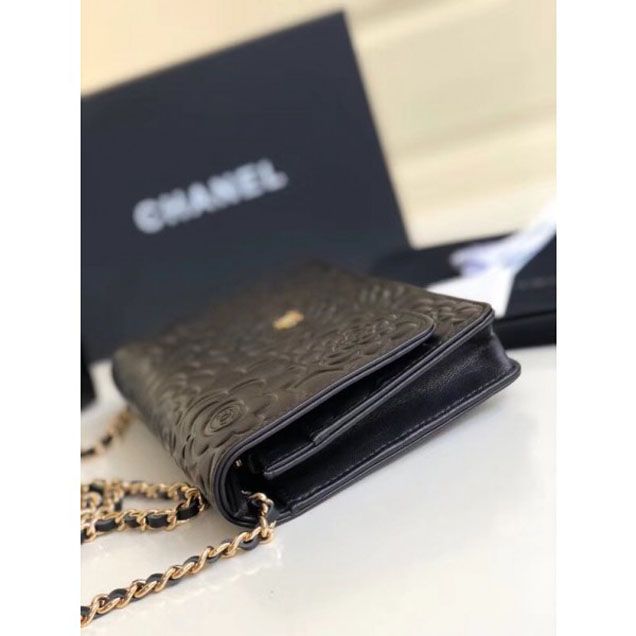 Chanel Lambskin Camellia Wallet On Chain WOC Bag Black