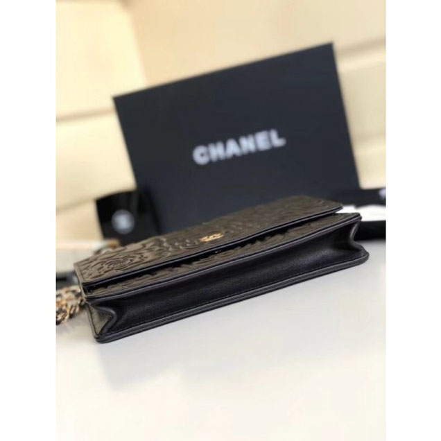 Chanel Lambskin Camellia Wallet On Chain WOC Bag Black