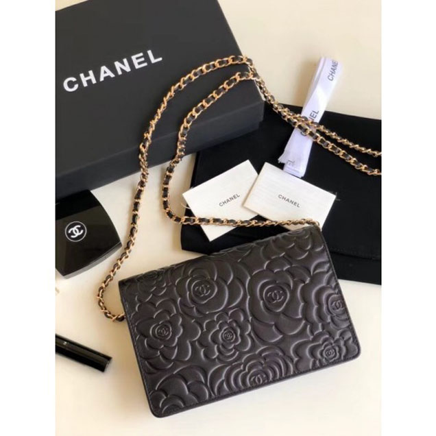 Chanel Lambskin Camellia Wallet On Chain WOC Bag Black