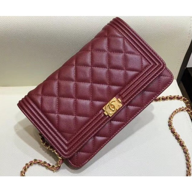 Chanel Shine Gold Hardware Caviar Boy Wallet On Chain WOC Bag Burgundy 2018