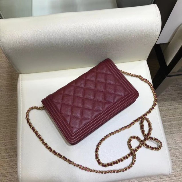 Chanel Shine Gold Hardware Caviar Boy Wallet On Chain WOC Bag Burgundy 2018