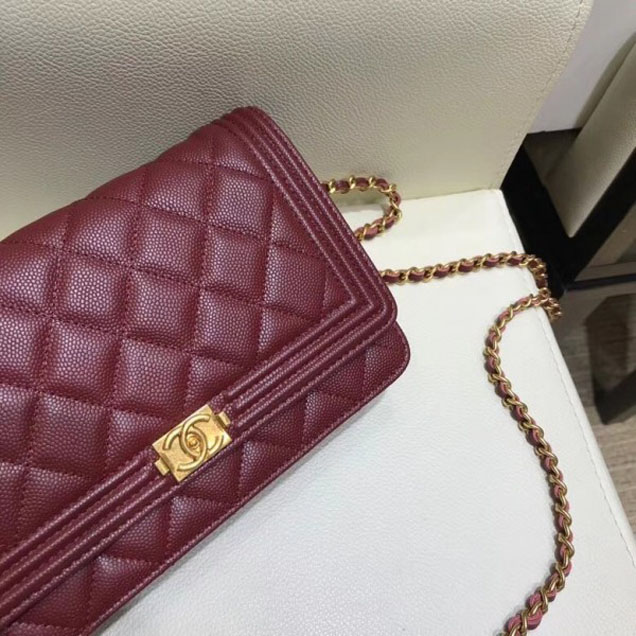 Chanel Shine Gold Hardware Caviar Boy Wallet On Chain WOC Bag Burgundy 2018