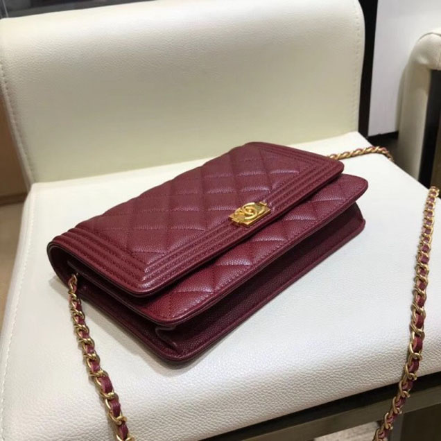 Chanel Shine Gold Hardware Caviar Boy Wallet On Chain WOC Bag Burgundy 2018