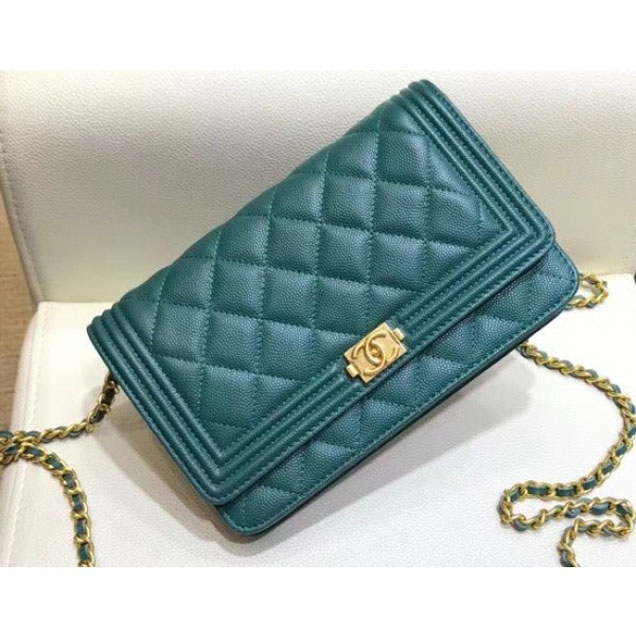 Chanel Shine Gold Hardware Caviar Boy Wallet On Chain WOC Bag Green 2018