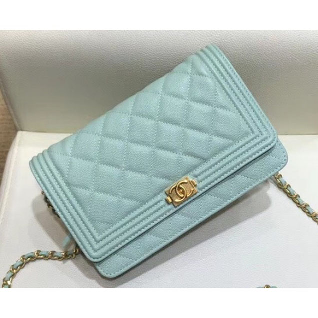 Chanel Shine Gold Hardware Caviar Boy Wallet On Chain WOC Bag Light Green 2018