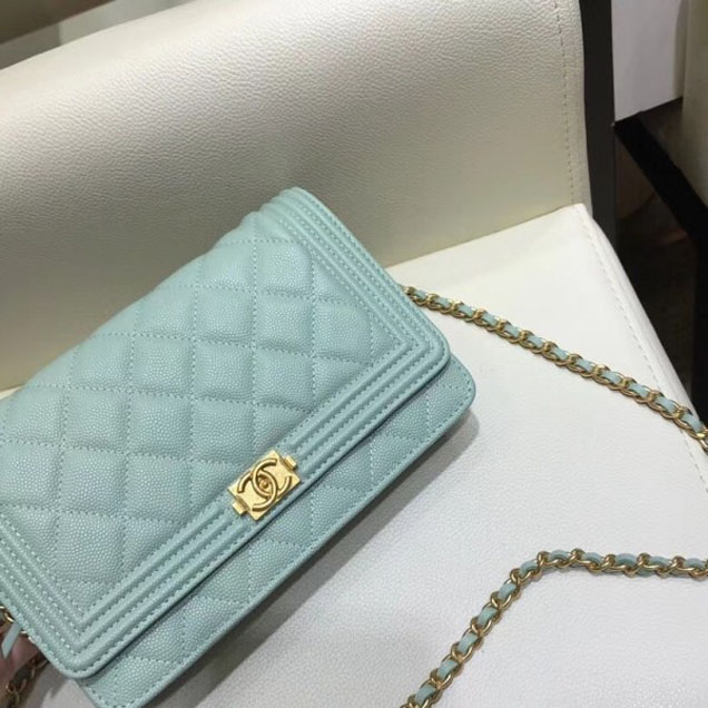 Chanel Shine Gold Hardware Caviar Boy Wallet On Chain WOC Bag Light Green 2018