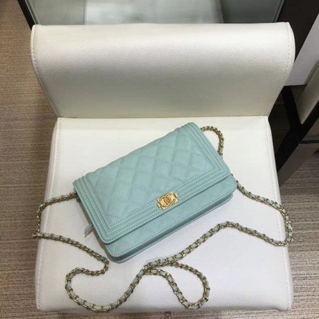 Chanel Shine Gold Hardware Caviar Boy Wallet On Chain WOC Bag Light Green 2018