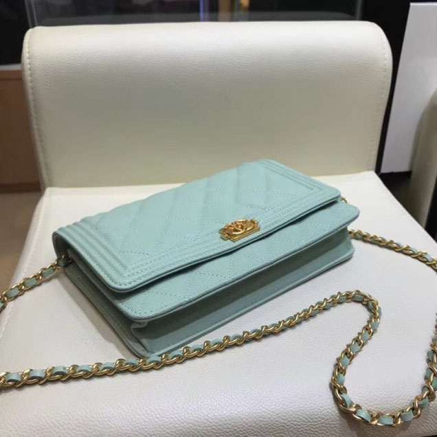 Chanel Shine Gold Hardware Caviar Boy Wallet On Chain WOC Bag Light Green 2018