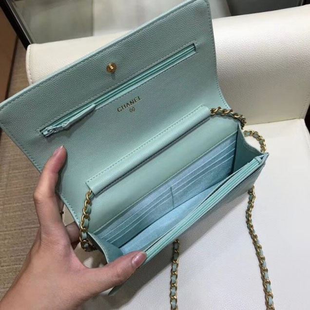 Chanel Shine Gold Hardware Caviar Boy Wallet On Chain WOC Bag Light Green 2018