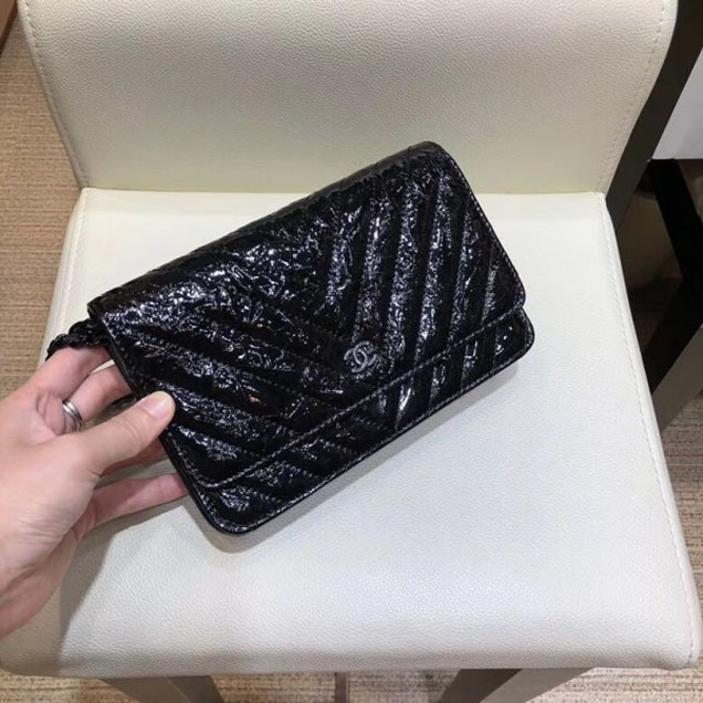 Chanel Patent Metallic Crumpled Calfskin Wallet On Chain WOC Bag Chevron Black 2018