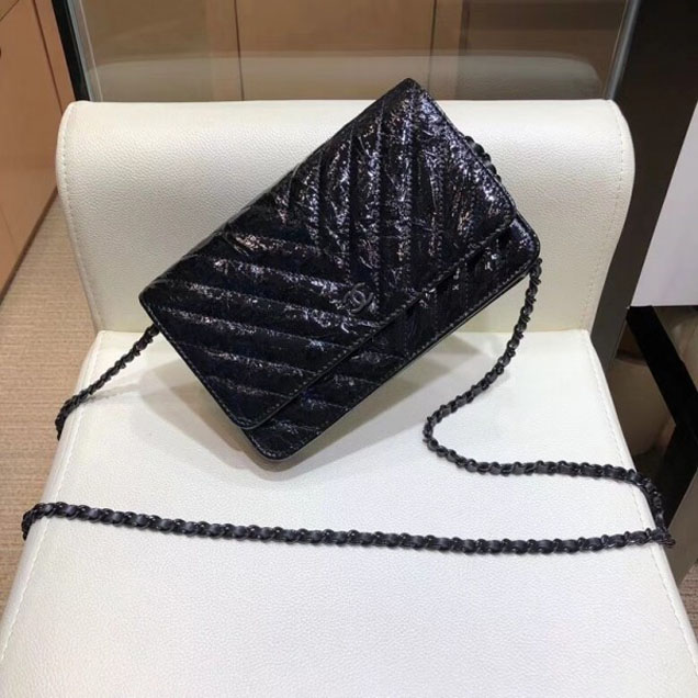 Chanel Patent Metallic Crumpled Calfskin Wallet On Chain WOC Bag Chevron Black 2018