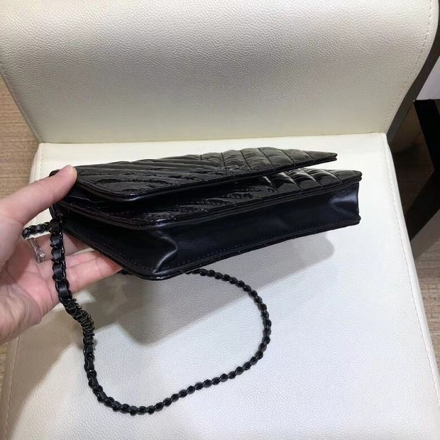 Chanel Patent Metallic Crumpled Calfskin Wallet On Chain WOC Bag Chevron Black 2018