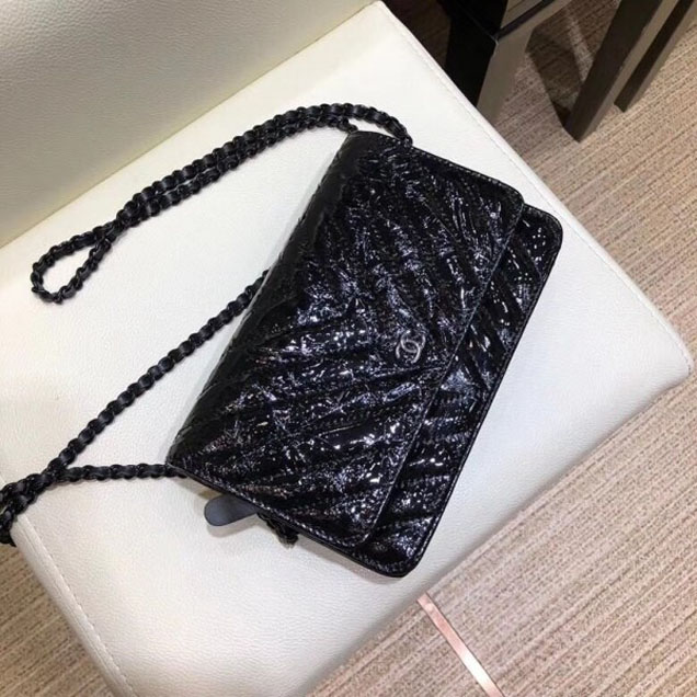 Chanel Patent Metallic Crumpled Calfskin Wallet On Chain WOC Bag Chevron Black 2018