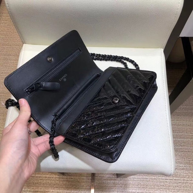 Chanel Patent Metallic Crumpled Calfskin Wallet On Chain WOC Bag Chevron Black 2018