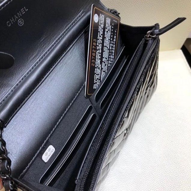 Chanel Patent Metallic Crumpled Calfskin Wallet On Chain WOC Bag Chevron Black 2018