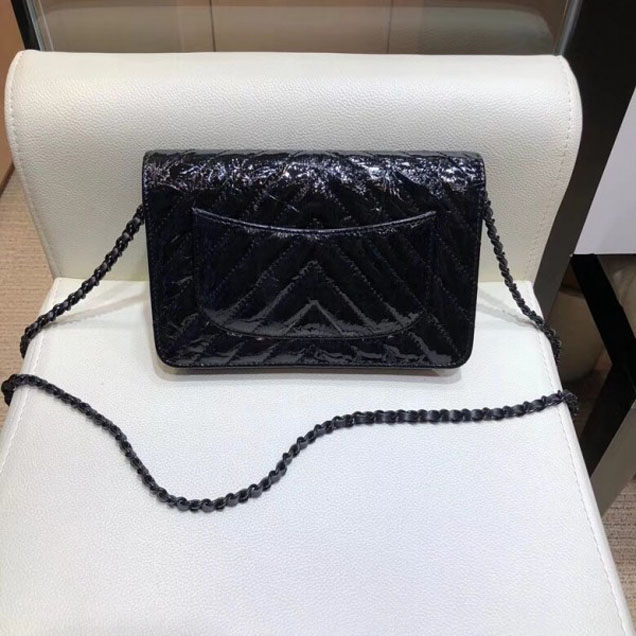 Chanel Patent Metallic Crumpled Calfskin Wallet On Chain WOC Bag Chevron Black 2018