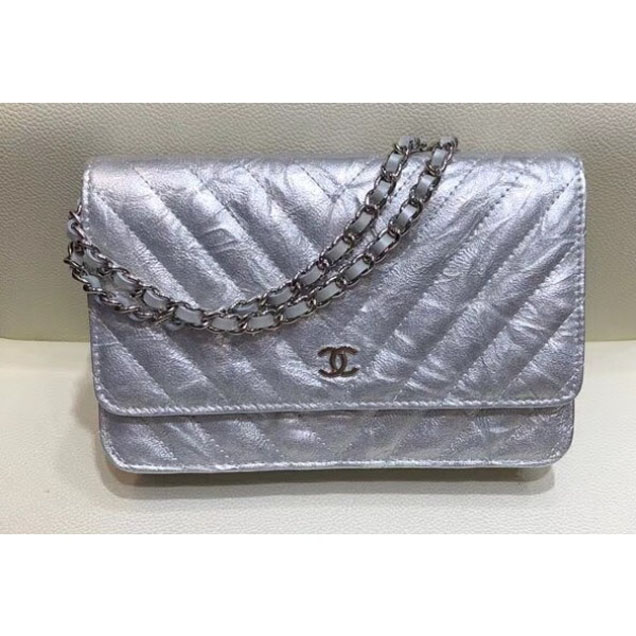 Chanel Patent Metallic Crumpled Calfskin Wallet On Chain WOC Bag Chevron Silver 2018