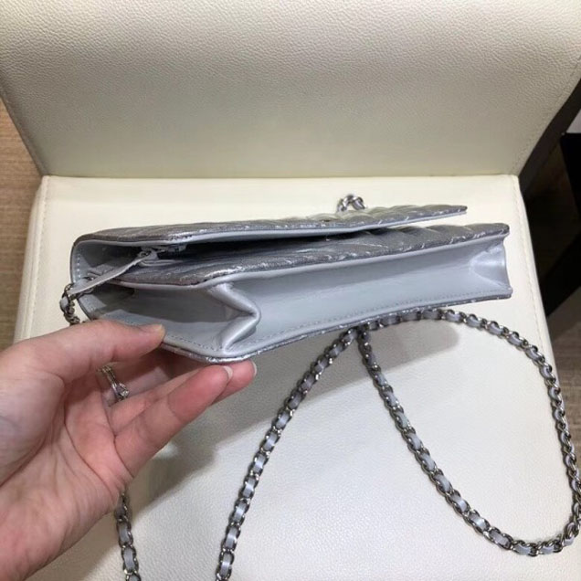 Chanel Patent Metallic Crumpled Calfskin Wallet On Chain WOC Bag Chevron Silver 2018