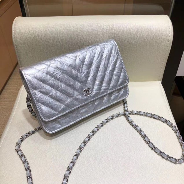 Chanel Patent Metallic Crumpled Calfskin Wallet On Chain WOC Bag Chevron Silver 2018