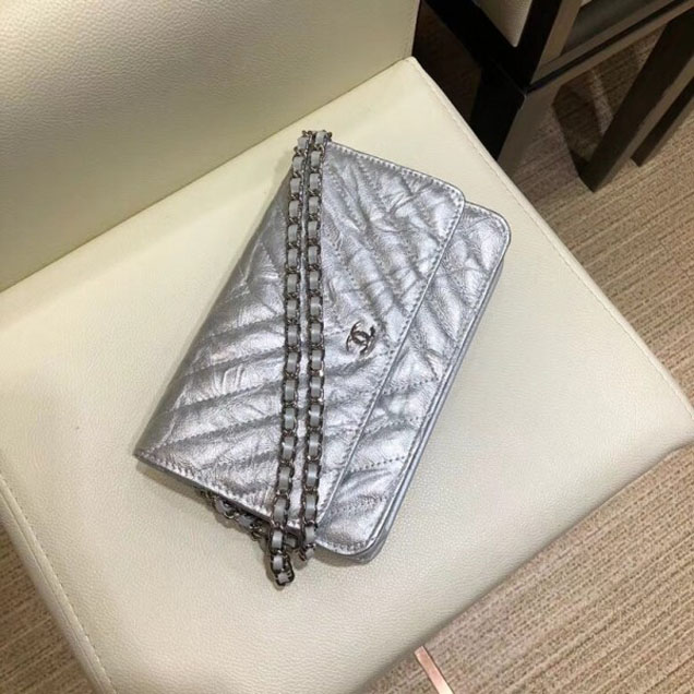 Chanel Patent Metallic Crumpled Calfskin Wallet On Chain WOC Bag Chevron Silver 2018