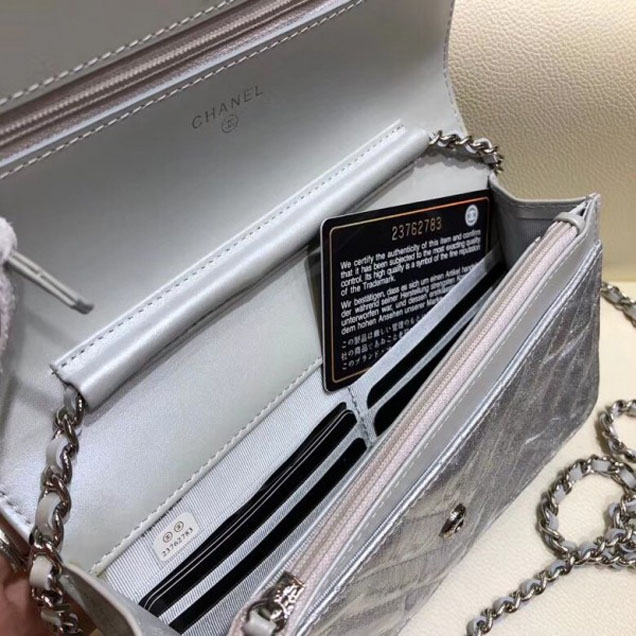 Chanel Patent Metallic Crumpled Calfskin Wallet On Chain WOC Bag Chevron Silver 2018