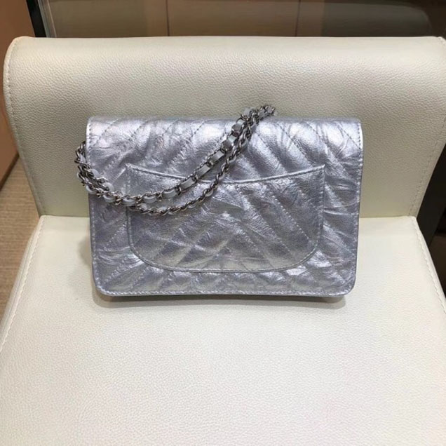 Chanel Patent Metallic Crumpled Calfskin Wallet On Chain WOC Bag Chevron Silver 2018