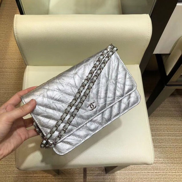 Chanel Patent Metallic Crumpled Calfskin Wallet On Chain WOC Bag Chevron Silver 2018