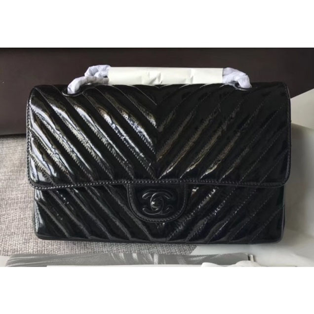 Chanel Patent Metallic Crumpled Calfskin Chevron Classic Flap Medium Bag Black 2018