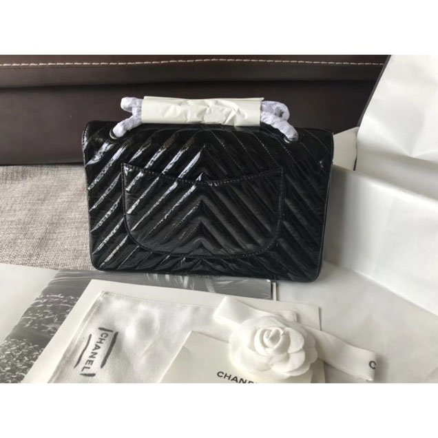 Chanel Patent Metallic Crumpled Calfskin Chevron Classic Flap Medium Bag Black 2018