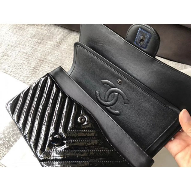 Chanel Patent Metallic Crumpled Calfskin Chevron Classic Flap Medium Bag Black 2018